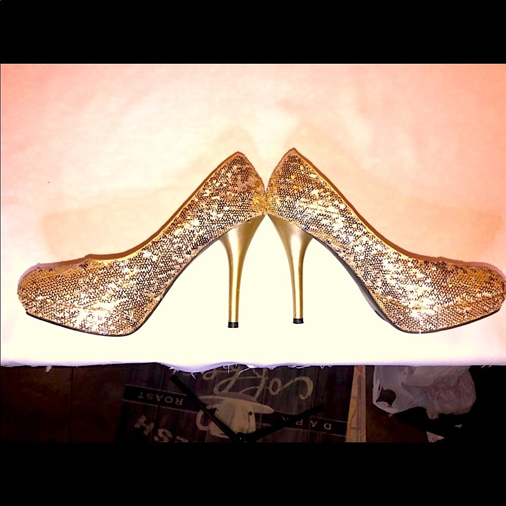 STILETTO HI HEEL SHOES 5”SPIKE CHAMPAGNE GOLD SILVER SEQUINS WORN ONCE 7 1/2 - Picture 11 of 11